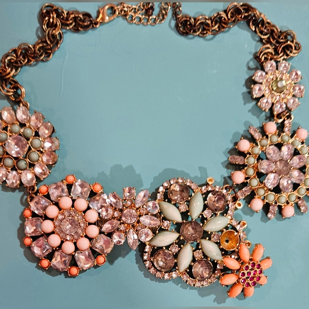 J. Crew Floral Bib Statement Necklace with Pink and Gold Accents